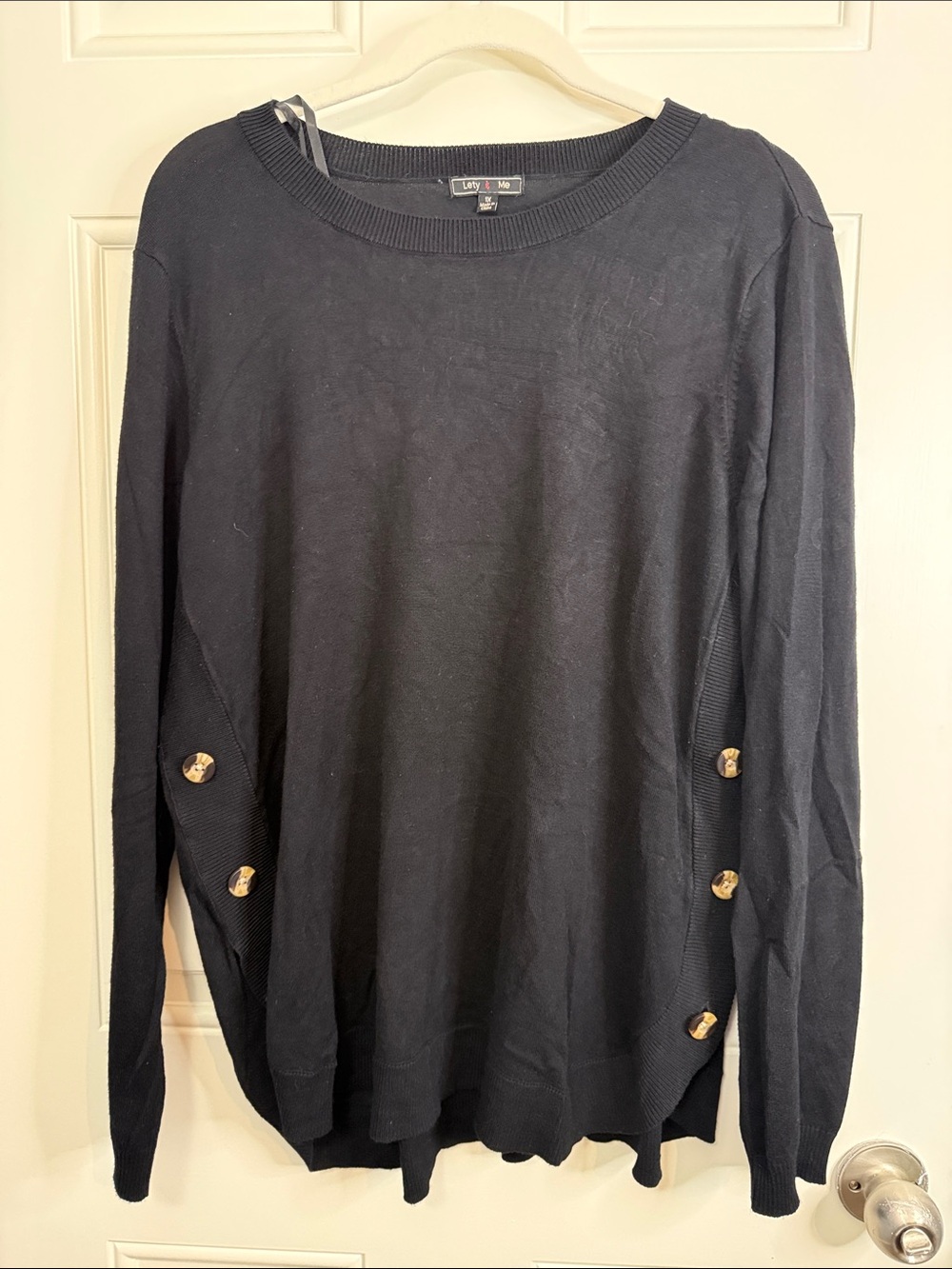 Lety & Me Black Crewneck Sweater with Brown Button Accents
